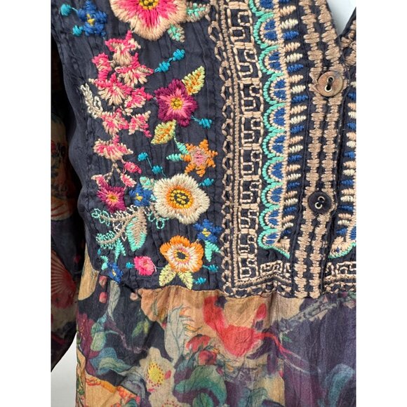 Johnny Was Embroidered Floral Tunic Top With 3/4 Sleeves & Mandarin Collar In Sh - Picture 14 of 16